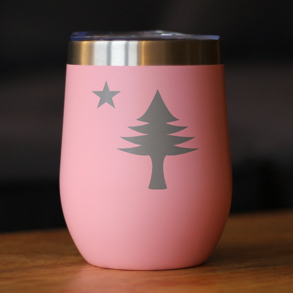 Flag of Maine - Wine Tumbler Glass with Sliding Lid - Stainless Steel Travel Mug - Maine Gift for Women and Men Mainers