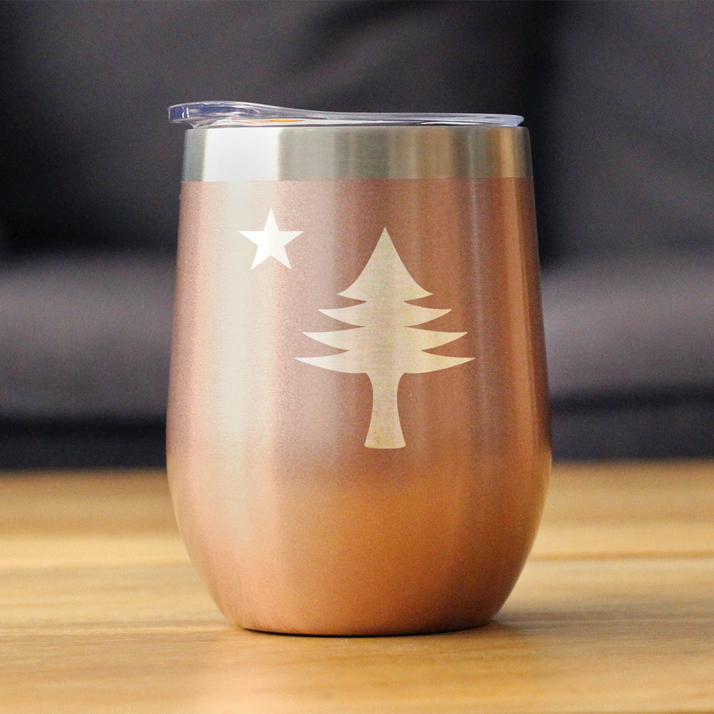 Flag of Maine - Wine Tumbler Glass with Sliding Lid - Stainless Steel Travel Mug - Maine Gift for Women and Men Mainers